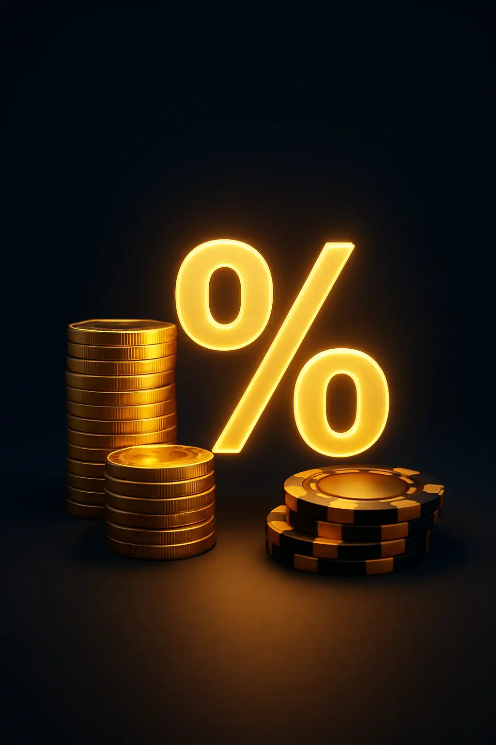 Stack of gold coins and casino chips with a glowing bonus percentage symbol